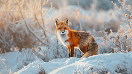 Stunning red fox poised on a snowy field, showcasing its beauty against a picturesque winter landscape.の素材