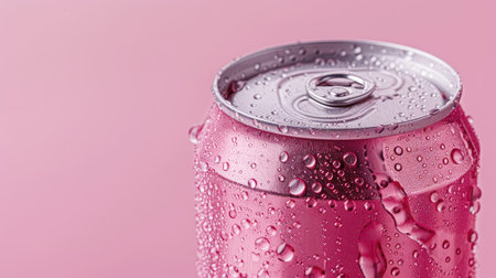 Close-up of a soda can with condensation on a pink backdrop. Emphasizing the refreshing and cold qualities of the drinkの素材