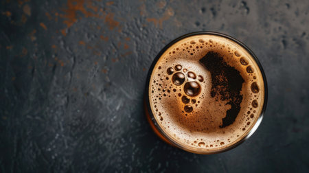 Glass of coffee-infused dark stout beer, top view on a dark background. Rich and creamy with a bold flavor profileの素材