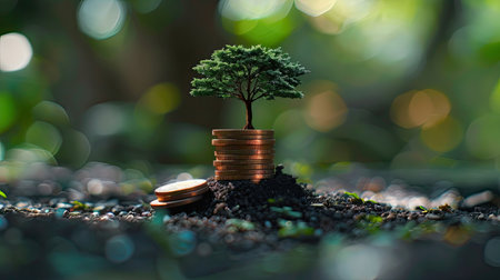 A stack of coins with a small tree growing from the top, symbolizing growthの素材
