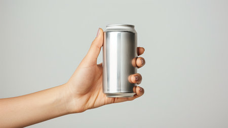 Aluminum can held by a hand, set against a white background. Close-up focusing on theの素材