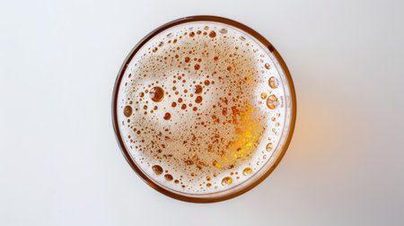 Top view of a glass filled with golden unfiltered lager beer, foam, and bubbles. Perfect for showing off ale froth on a white backgroundの素材