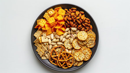Top-down shot of party mix on a grey plate, including crackers, chips, pretzels, almonds, and pistachios. Salty snacks on a white backgroundの素材