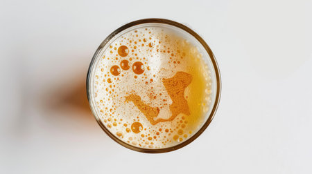 Isolated top-down shot of unfiltered lager beer in a glass, with golden hue, foam, and bubbles. Highlighting ale froth on a white backgroundの素材
