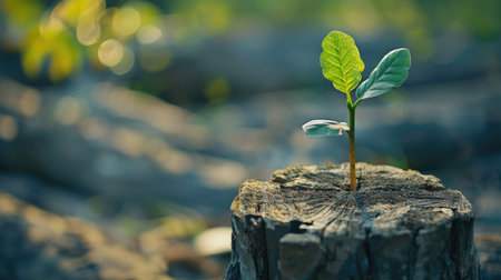 Seedling growing from stumps, showcasing new life and business development. A powerful symbol of hope and future possibilitiesの素材