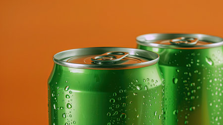 Green aluminum drink cans against an orange backdrop, featuring one can opened with a cold beverage inside. Fresh and appealingの素材