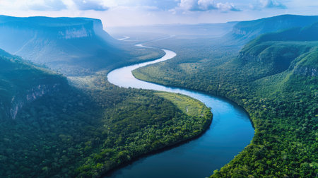 Aerial view of blue water river winding through mountains, surrounded by dense greenery and clear skiesの素材