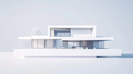 Minimalist architecture, modern house, 3D illustration, clean design, white backdropの素材