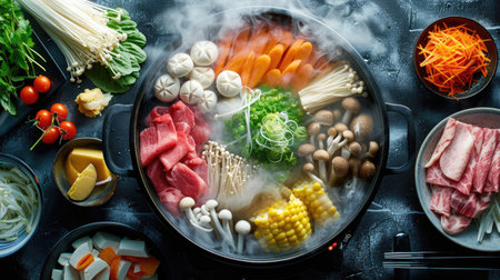 Assorted Shabushi ingredients neatly arranged around a steaming hot potの素材