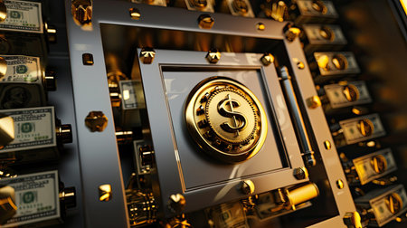 Radiant 3D safe with money symbols, representing financial security and savingsの素材