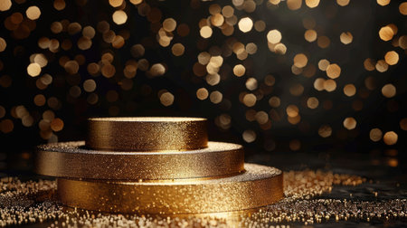 3D gold podium against a dark, glittering background, designed for luxury product displays and elegant mockupsの素材