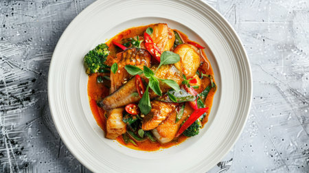 Top view of aromatic Thai spicy stir-fried catfish with curry paste on a white plate, showcasingの素材