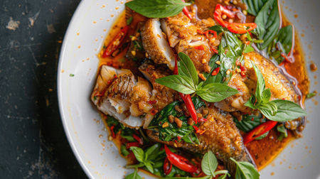 Spicy stir-fried catfish with curry paste on a white plate, viewed from above, with fresh herbs and chili, representing Thai cuisineの素材