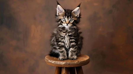 Black tabby blotched Maine Coon kitten sitting upright on a little brown stool, gazing at the camera with an endearing lookの素材