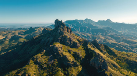 Overhead view of green mountains with rocky terrain under clear blue sky, focusing on a prominent peakの素材