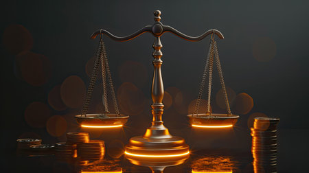 Glowing 3D financial balance scale with coins and bills, representing equityの素材