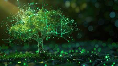 Glowing 3D green tree made of interconnected lines, representing environmental conservationの素材