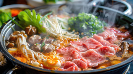 Sizzling Shabushi hot pot with bubbling broth and an assortment of fresh ingredientsの素材