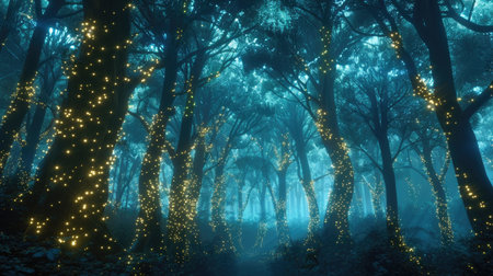 Radiant 3D forest with interconnected trees and glowing light, symbolizing forest conservationの素材