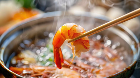 Close-up of chopsticks holding a piece of shrimp over a Shabushi hot pot, ready to cookの素材