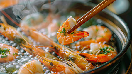 Close-up of chopsticks holding a piece of shrimp over a Shabushi hot pot, ready to cookの素材