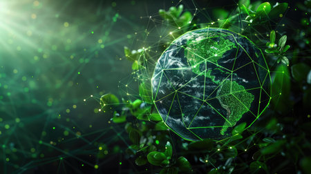 Abstract 3D Earth with interconnected green symbols, representing global environmental effortsの素材
