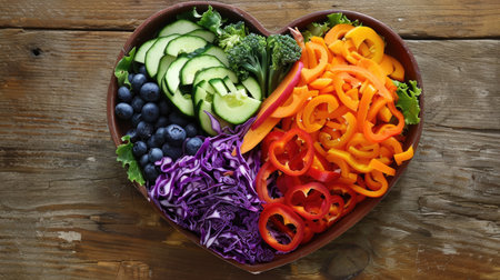 Top view of a heart-shaped vegetable dish in a nutritionist's office, symbolizing dietary healthの素材
