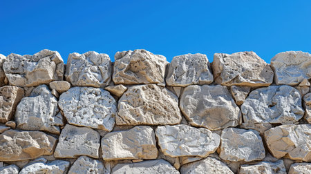 Close-up of a textured stone wall with a vibrant blue sky in the background, showcasing detailed stone patternsの素材