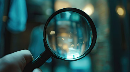 Close-up of a magnifying glass with a black handle, symbolizing searching for information and business analysisの素材