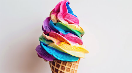 Closeup of a rainbow ice cream cone on a white background, highlighting the colorful scoops and smooth textureの素材