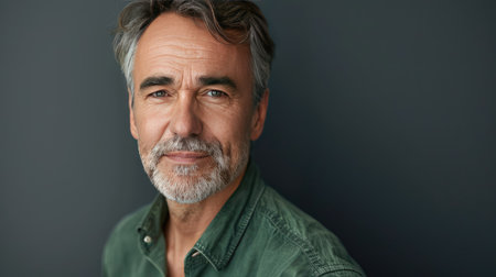 Confident middle-aged businessman in a green shirt, unsmiling, headshot close-up portrait, showcasing a mature executive leader on gray backgroundの素材