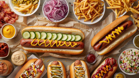 Top view of hot dogs with large sausages and various dressings like mustard, mayo, ketchup, onions, bacon, cheese, cucumbers, and friesの素材