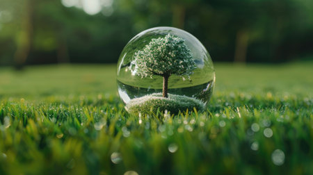 Crystal globe on grass with tree in the middle, symbolizing sustainable global environment and ESG conceptsの素材