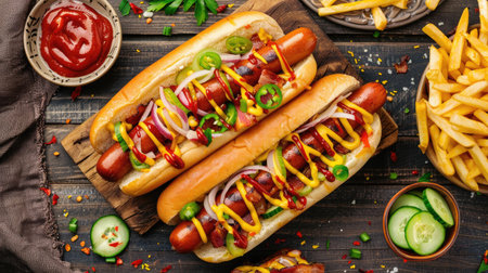 Hot dogs with large sausages, dressed with mustard, mayonnaise, ketchup, onions, bacon, cheese, cucumbers, and accompanied by fries, top viewの素材