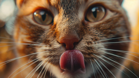 Cat muzzle close-up, licking its lips with excitement, focused on food, hunger and details vividly shownの素材
