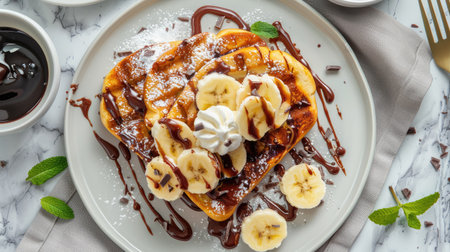 Delicious honey toast with vanilla ice cream, chocolate sauce, bananas, whipped cream on marble table, top viewの素材