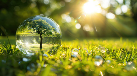 Crystal globe on green grass, tree in center, symbolizing environmental sustainability and ESGの素材