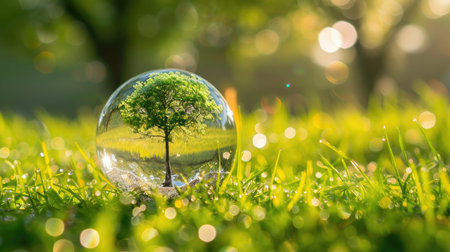 Crystal globe on grass with central tree, focusing on sustainable environment and governance principlesの素材