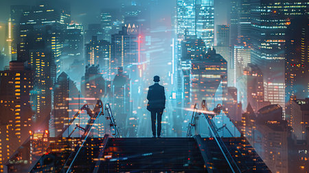 Businessman on stairs, double exposure with New York buildings at night, concept of business achievement and goalsの素材