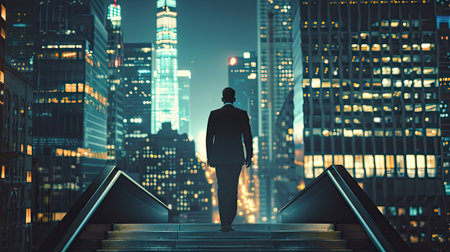 Businessman ascending stairs, New York office buildings at night in background, achievement and leadership conceptの素材