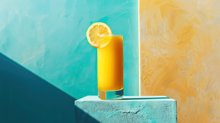 Fresh ginger lemon honey drink on trendy blue background, balanced on a minimalist podium, top viewの素材