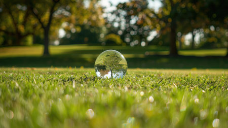Crystal globe on grass, tree at center, promoting environmental, social, and governance sustainabilityの素材