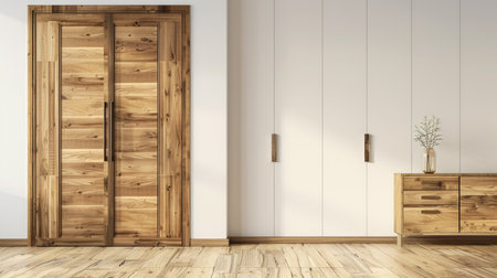 Room with wooden dressing closet and front doorway, white wall with ample copy space for promotional text or advertisementの素材