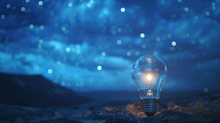 Creative idea concept with a light bulb in front of a night sky, blue tone, innovation theme, soft focusの素材