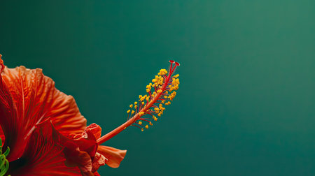 Macro shot, vibrant red hibiscus flower with yellow pollen, isolated over green background, ad spaceの素材