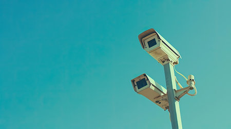 Security cameras mounted on a post in an urban environment, blue sky above, showcasing a surveillance system with background copy spaceの素材