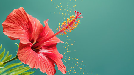 Side macro of red hibiscus flower, yellow pollen, isolated green background, free space for adsの素材