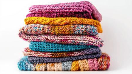 Stack of colorful knitted women clothes, including winter and autumn items, folded neatly on white backgroundの素材
