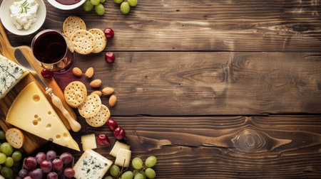 Gourmet cheese selection on a board, accompanied by red and white wine, with clear space for promotional copyの素材