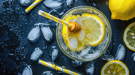 Refreshing lemon soda with ice and honey, top view, cool and invigorating summer beverage0916f26e204aの素材
